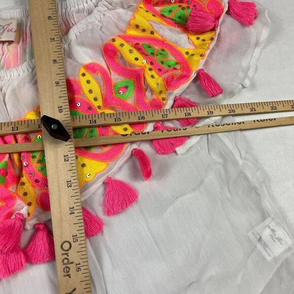 Miss June Paris White Boho Tassel Crop Top S/M Embroidered Festival Resort Shirt - Picture 7 of 10